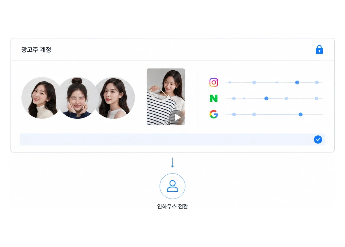 크리에이터·콘텐츠·채널 성과가 광고주 계정에 쌓여 인하우스로 넘어가는 그림
